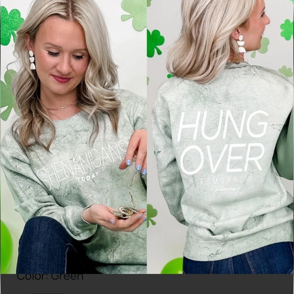 Southern Bliss Shenanigans Today Green Mineral Wash Crewneck Sweatshirt